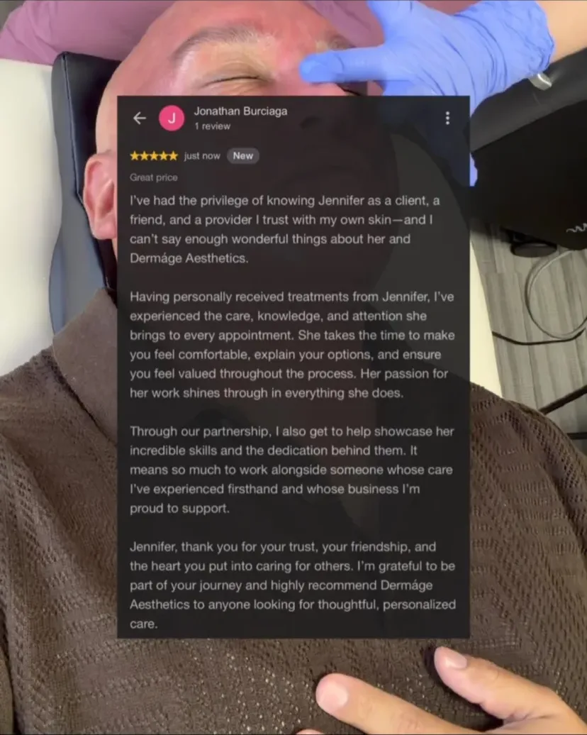 A five-star Google review overlaid on video of a client receiving a treatment at Dermáge Aesthetics