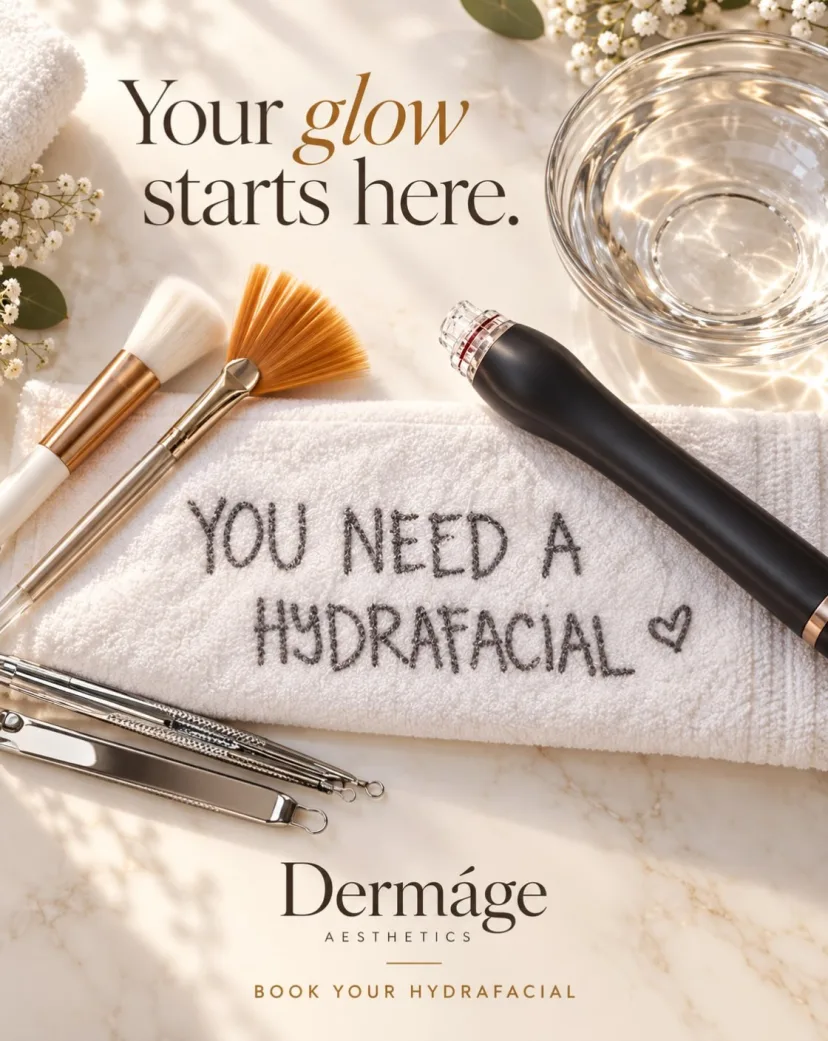 Facial tools on a towel that reads You need a HydraFacial, with the words Your glow starts here