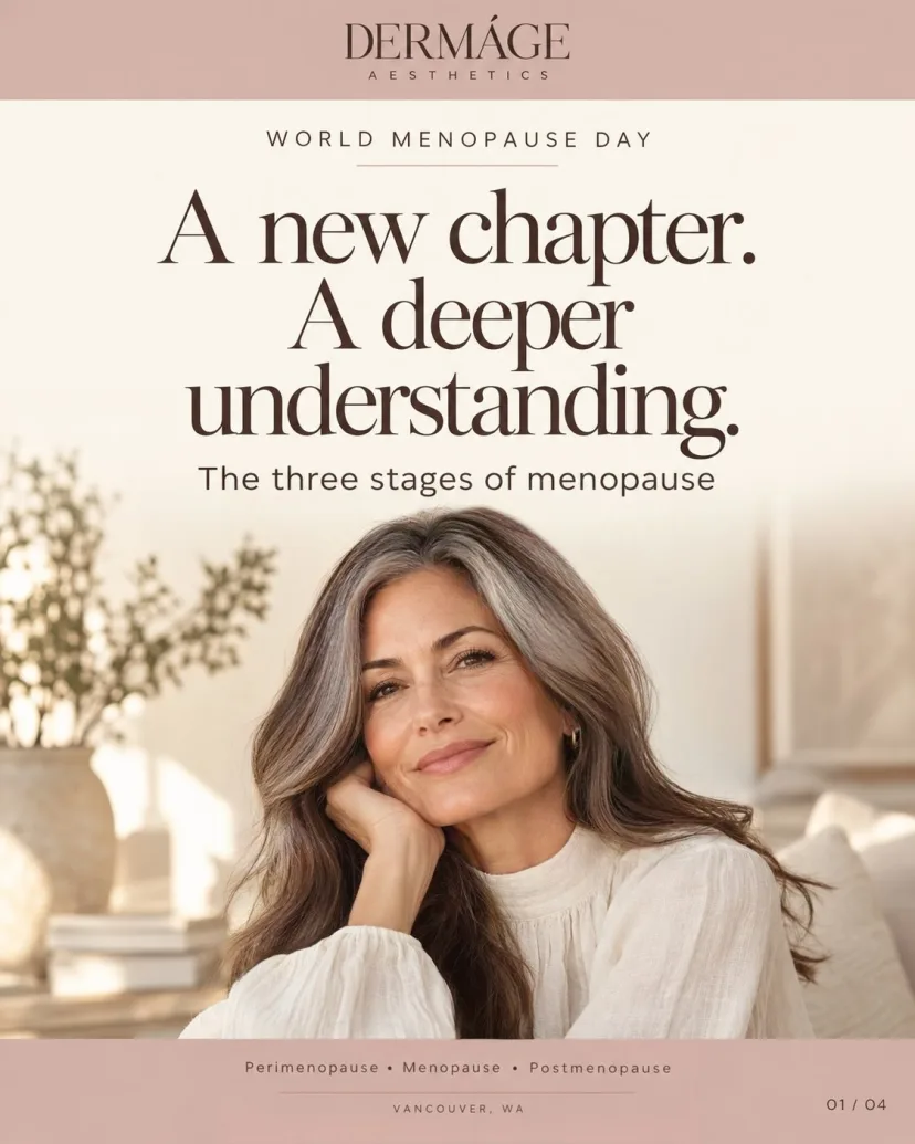 World Menopause Day graphic from Dermáge Aesthetics: a new chapter, a deeper understanding, the three stages of menopause