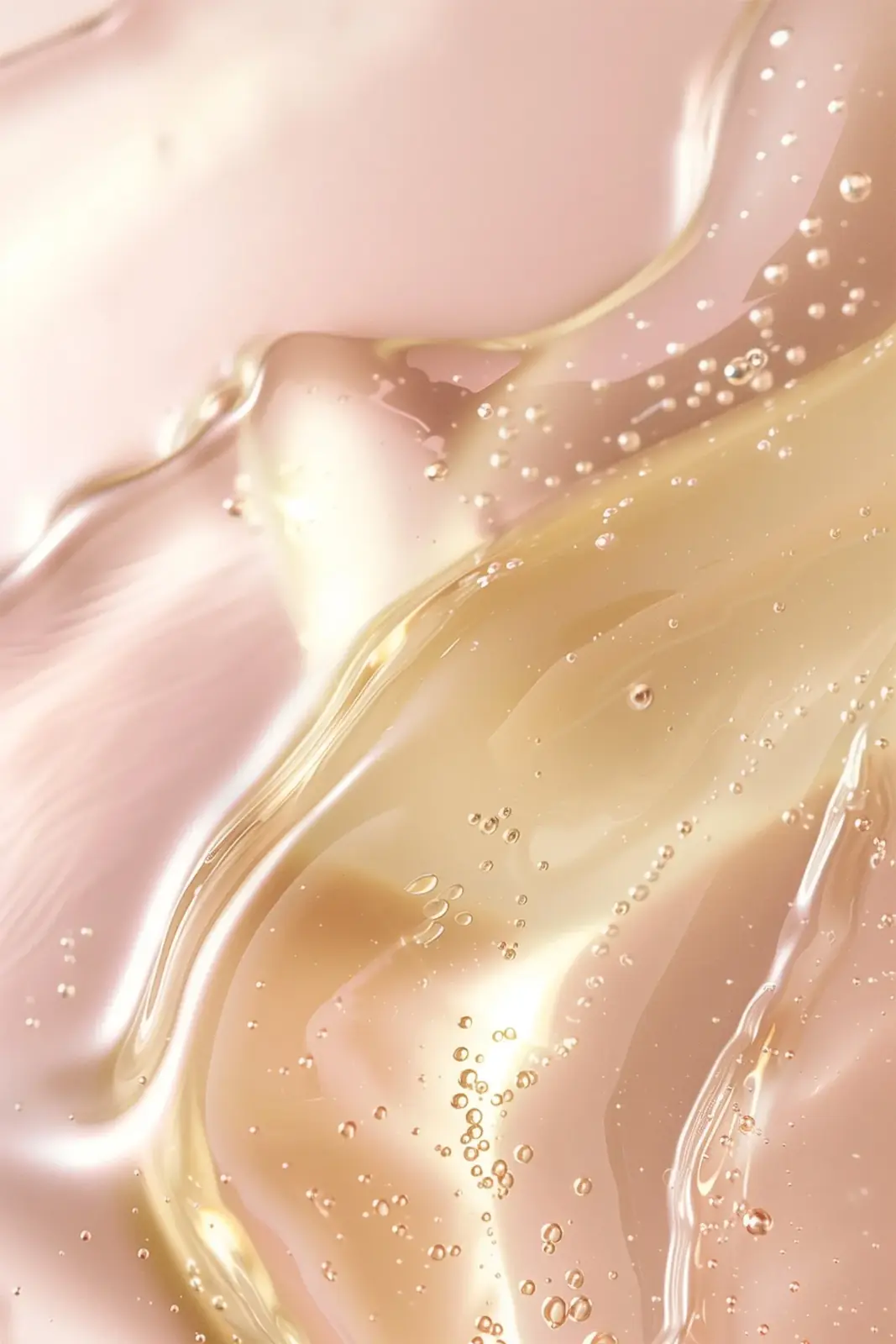 A close-up of skincare serum texture in warm gold and blush tones