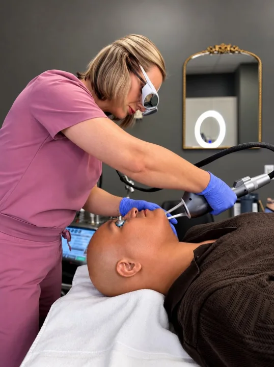 Jennifer performing a NOUVADerm facial laser treatment at Dermáge Aesthetics in Vancouver, WA